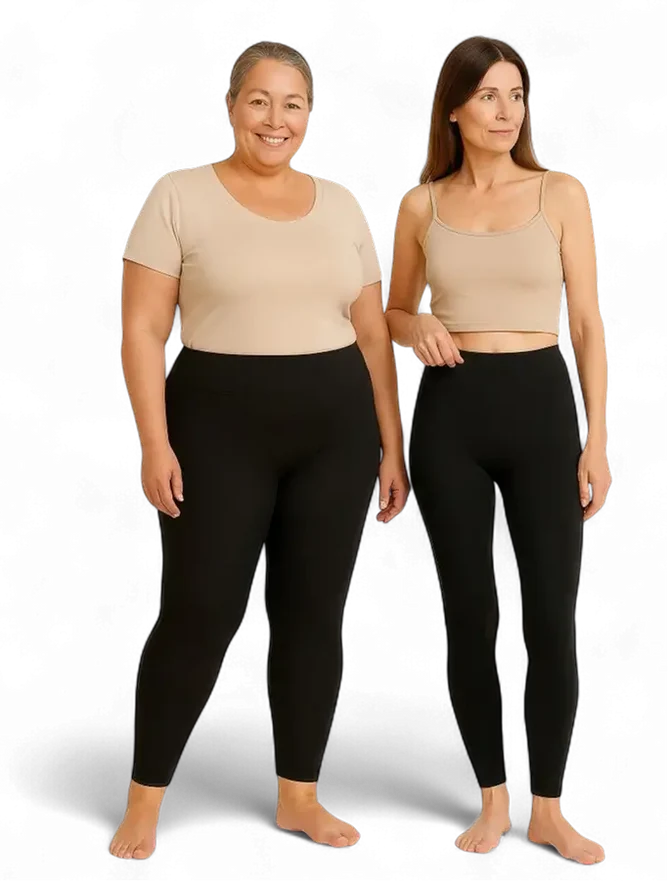 Two women of different sizes wearing black fur leggings