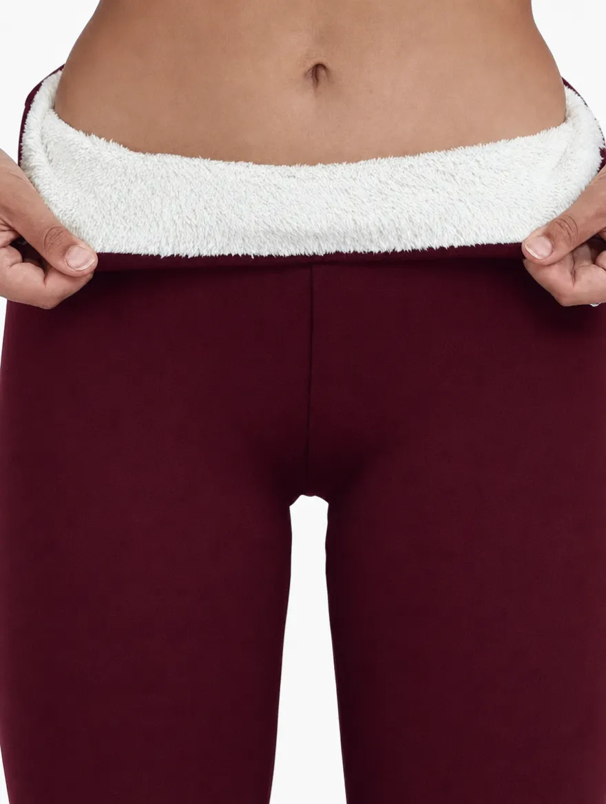 Everest fur leggings in Wine Red, sherpa lining shown
