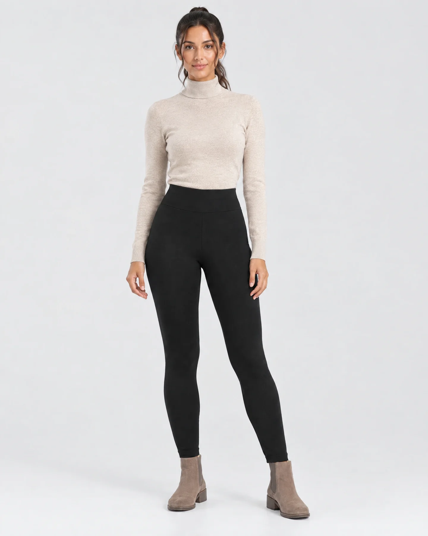 Woman wearing Everest fur leggings, full length