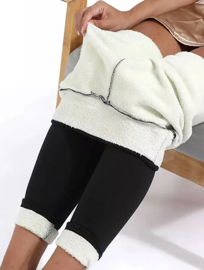Leggings turned inside out on the thighs, showing the lining