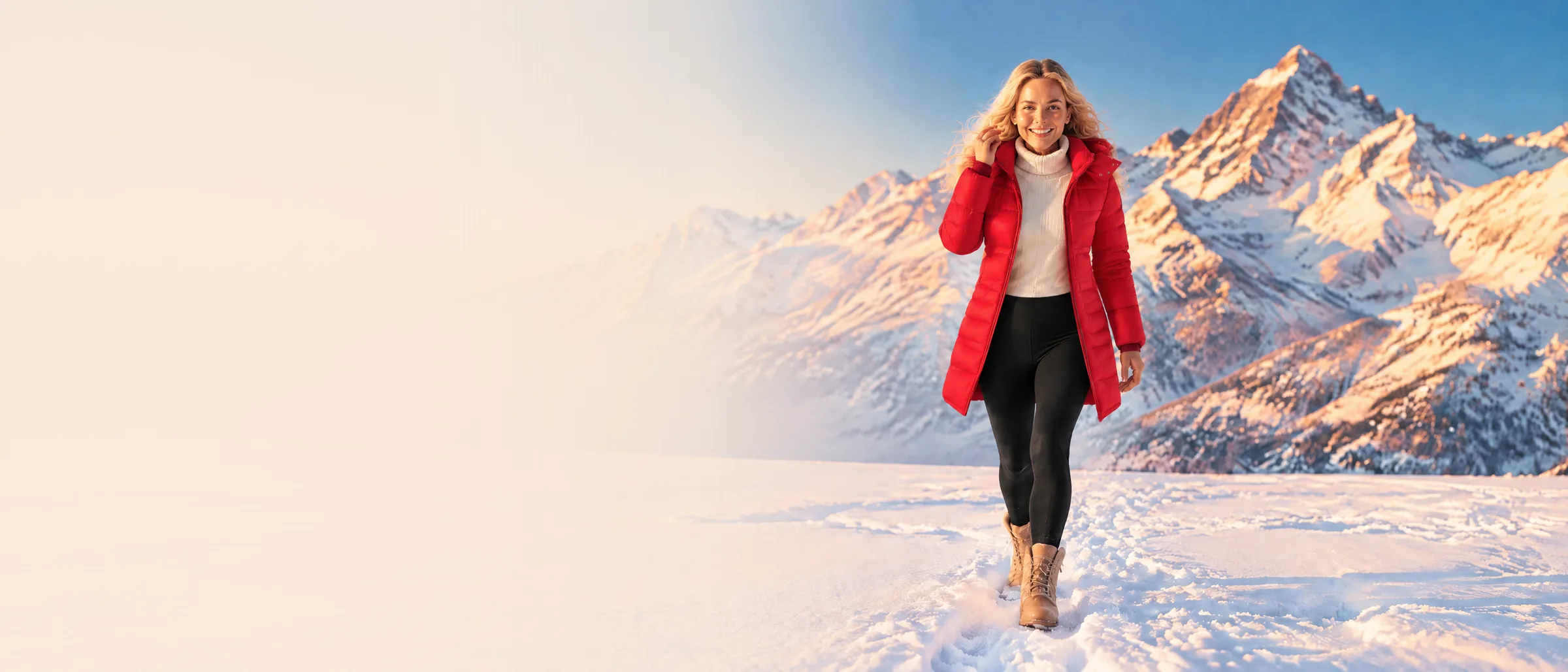 Smiling woman walking through the snow in an open long red quilted coat and black fur leggings, with snowy mountains at golden hour