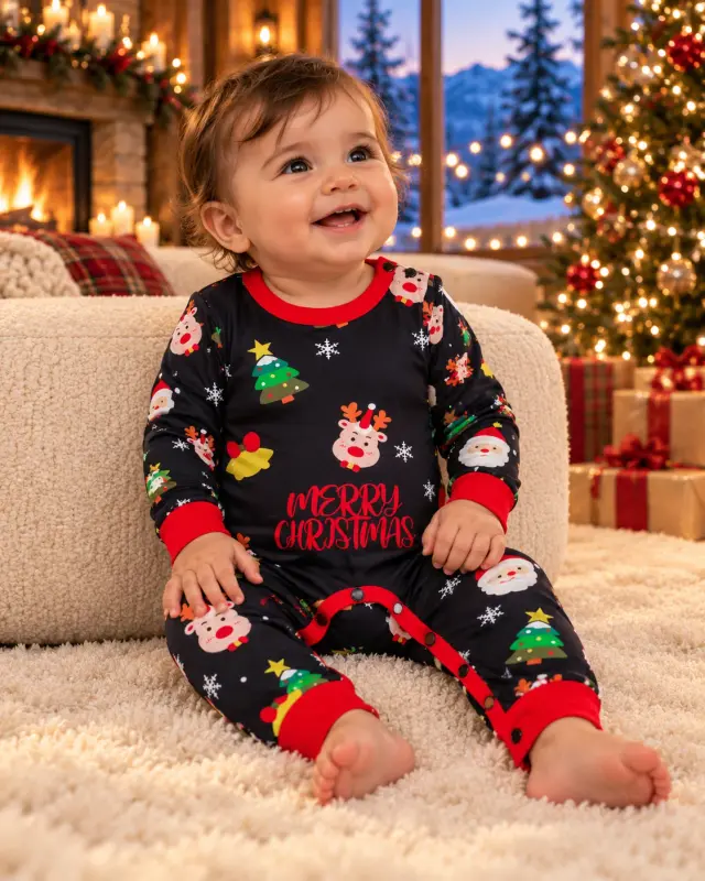 Smiling baby sitting on a cream rug in the black Merry Christmas romper with a Santa, reindeer and tree print and red cuffs