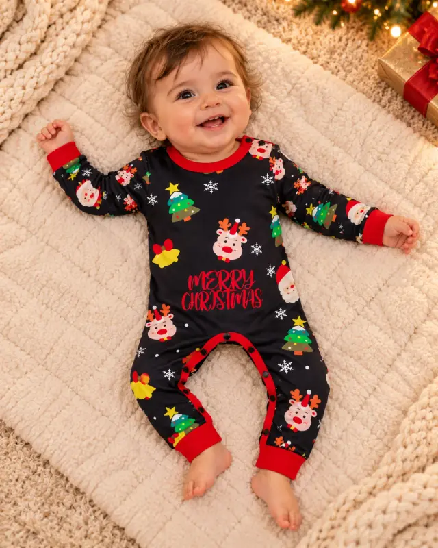 Baby lying on a cream knit blanket, seen from above, in the black Merry Christmas romper with red cuffs