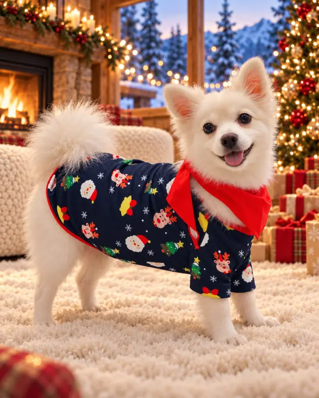 White dog standing on a cream rug in the matching pet top with the Santa, reindeer and Christmas tree print and a red neckerchief