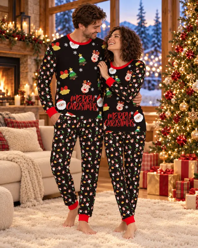 Couple standing by the Christmas tree in matching black Merry Christmas pajamas, top and long pants with red cuffs