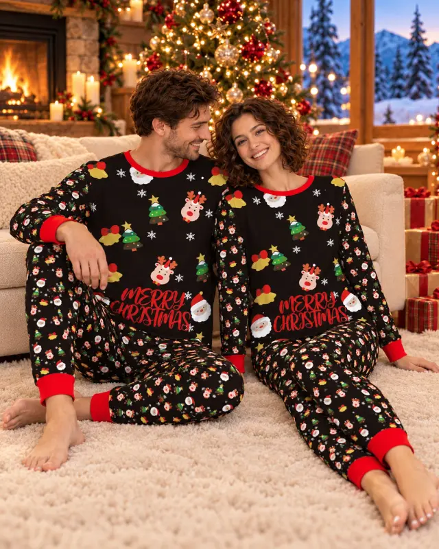 Couple relaxing on the rug against the sofa in matching black Merry Christmas pajamas with red cuffs