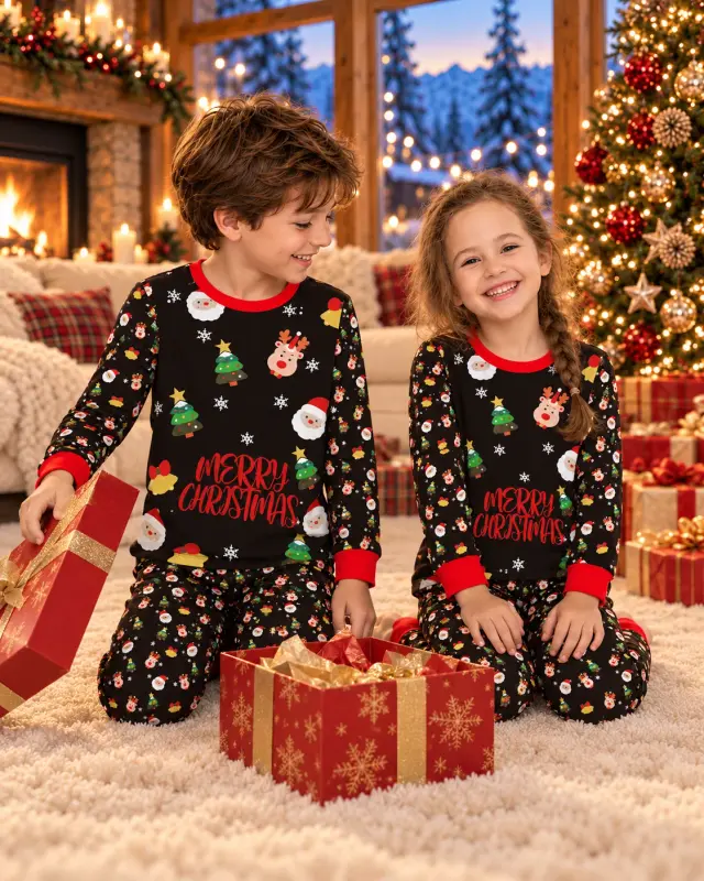Boy and girl in matching black Merry Christmas pajamas opening a red present on the rug