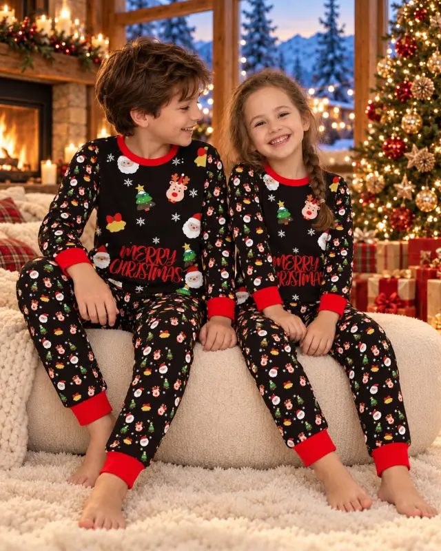 Brother and sister laughing on a cream pouf in matching black Merry Christmas pajamas with red cuffs
