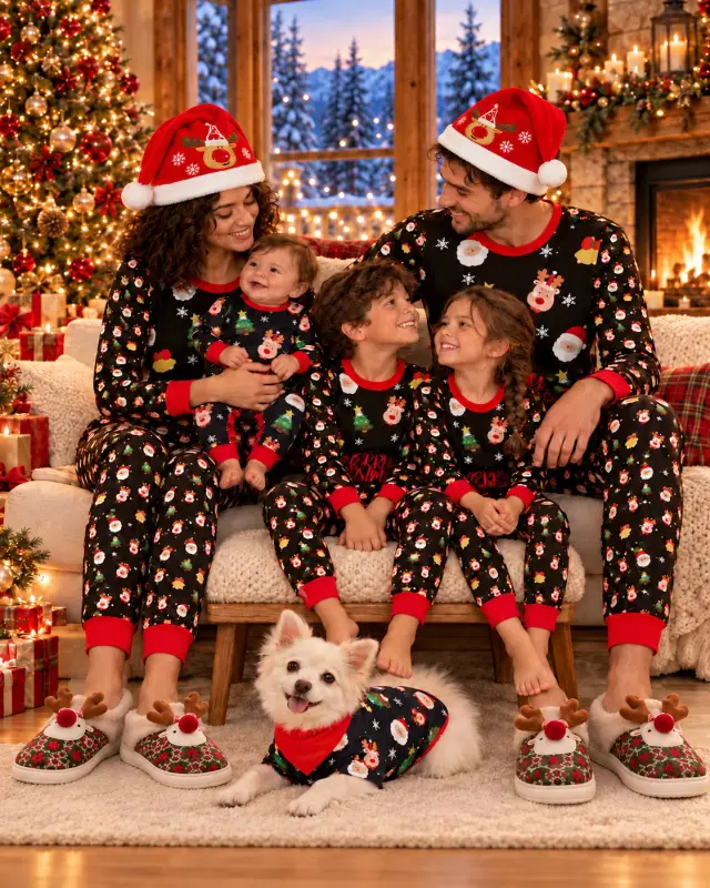 Mom, Dad, the baby and two kids in matching black Merry Christmas pajamas on a bench by the tree: the parents wear the reindeer Santa hat and reindeer slippers, and the white dog lying in front wears the matching top