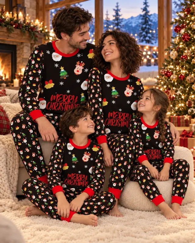 Mom, Dad and their two kids in matching black Merry Christmas pajamas with red cuffs, sitting together on a cream rug