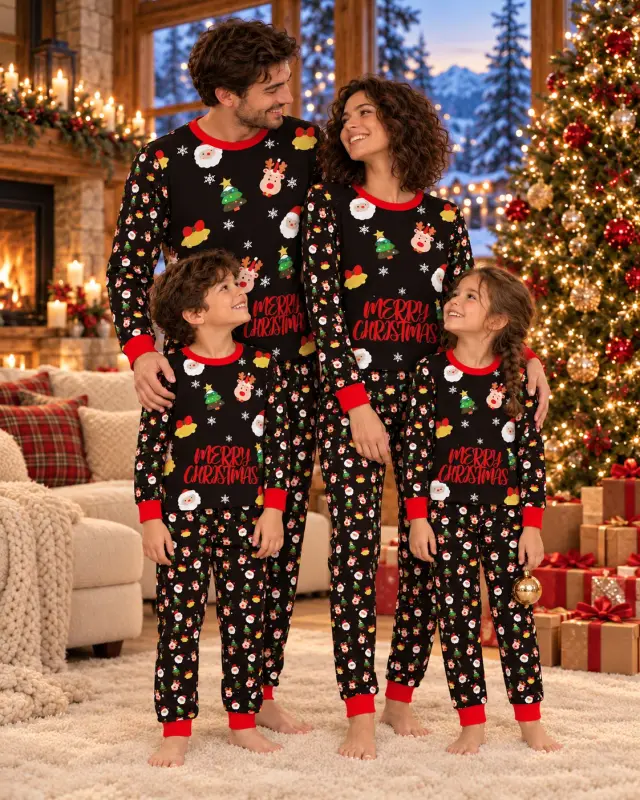 Family of four standing in front of the Christmas tree in matching black Merry Christmas pajamas, kids in front, parents behind
