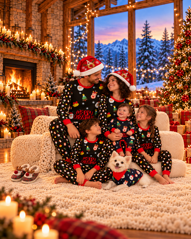 Family in matching black Merry Christmas pajamas on a cream sofa in a chalet decorated for Christmas: Mom and Dad wear the reindeer Santa hat, the baby and two kids sit close, the white dog wears the matching top, and reindeer slippers wait on the rug