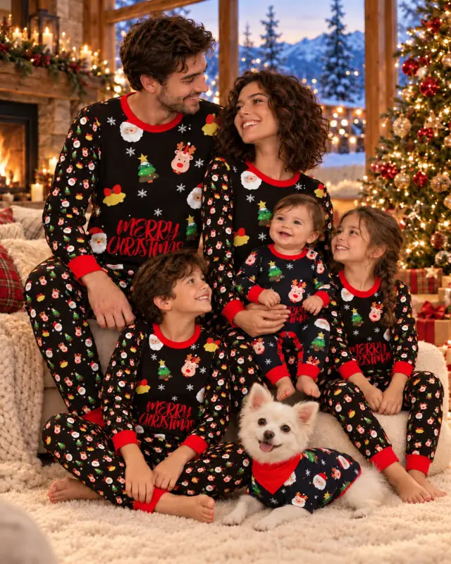 The whole family in matching black Christmas pajamas with a Santa, reindeer and tree print, from Dad to the baby, sitting by the tree with their white dog in a matching top